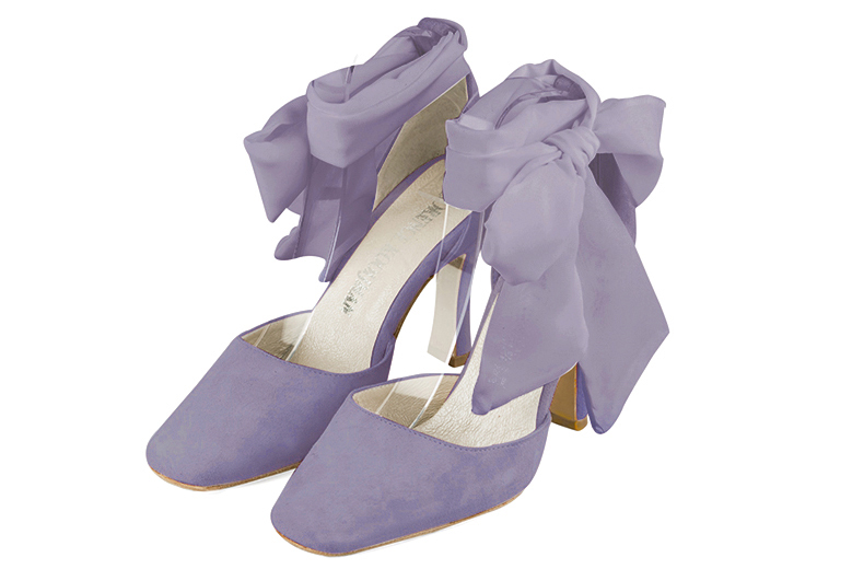Lilac purple women's open side shoes, with a scarf around the ankle. Square toe. Very high spool heels. Front view - Florence KOOIJMAN